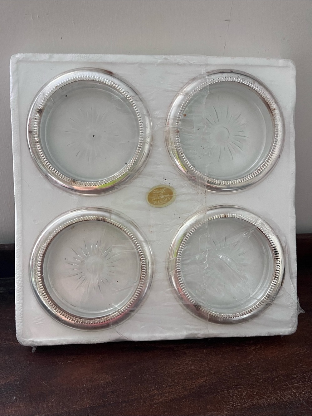 Silver Plated Crystal Leonard Italy Coaster Set of 4 - Clear & Silver